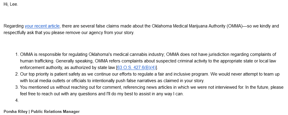 Screenshot of OMMA response to First Article