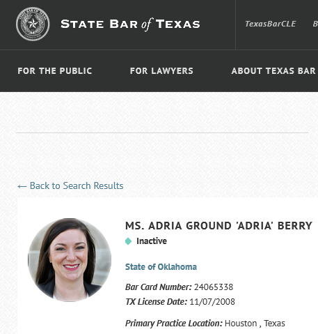 Adria Ground Berry Texas Attorney BAR License Non Active