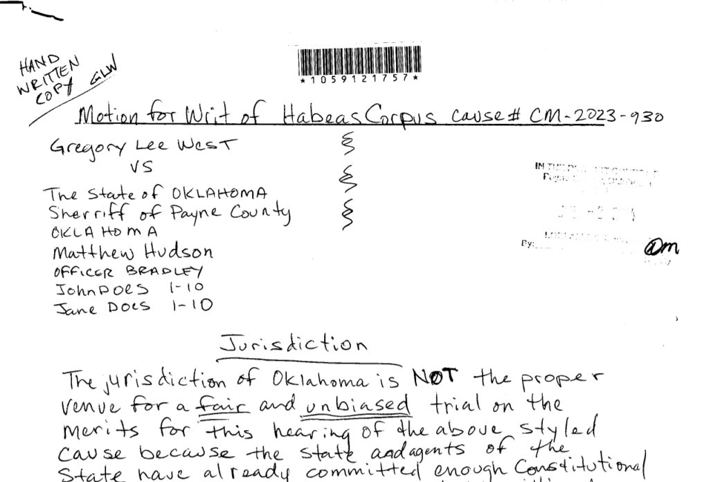 Gregory Lee West Writ of Habeas Corpus Motion for Payne County Oklahoma July 3, 2024