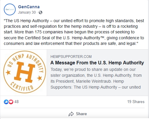 gencanna facebook post US Hemp Authority January 2019